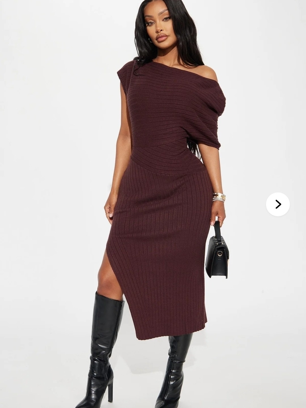Off-Shoulder Ribbed Midi Dress in Deep Plum